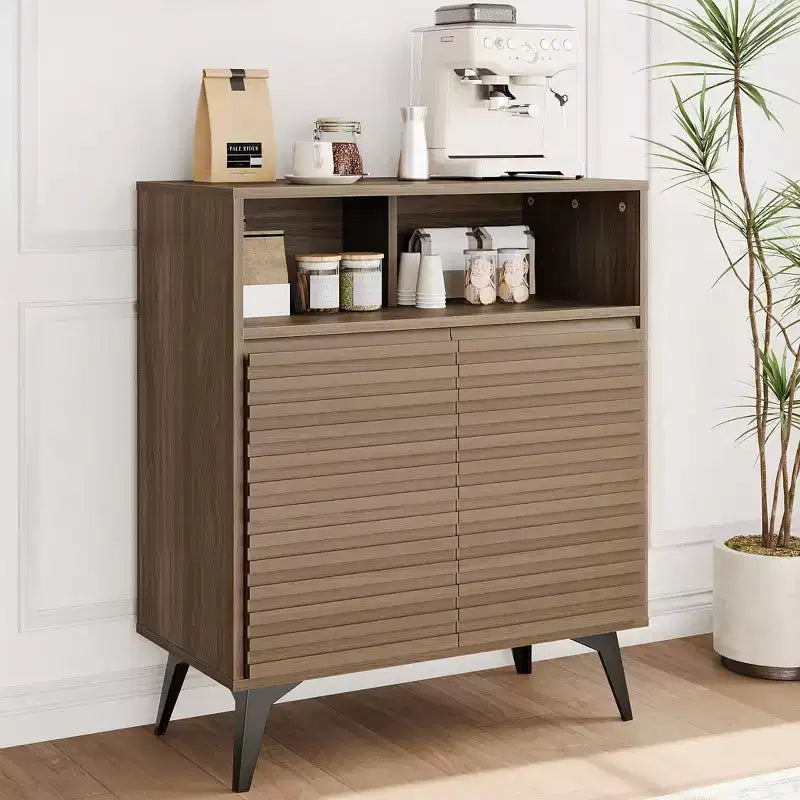 Buffet en bois cannelé de 71 cm avec étagères réglables et portes pour cuisine, salle à manger, appartements