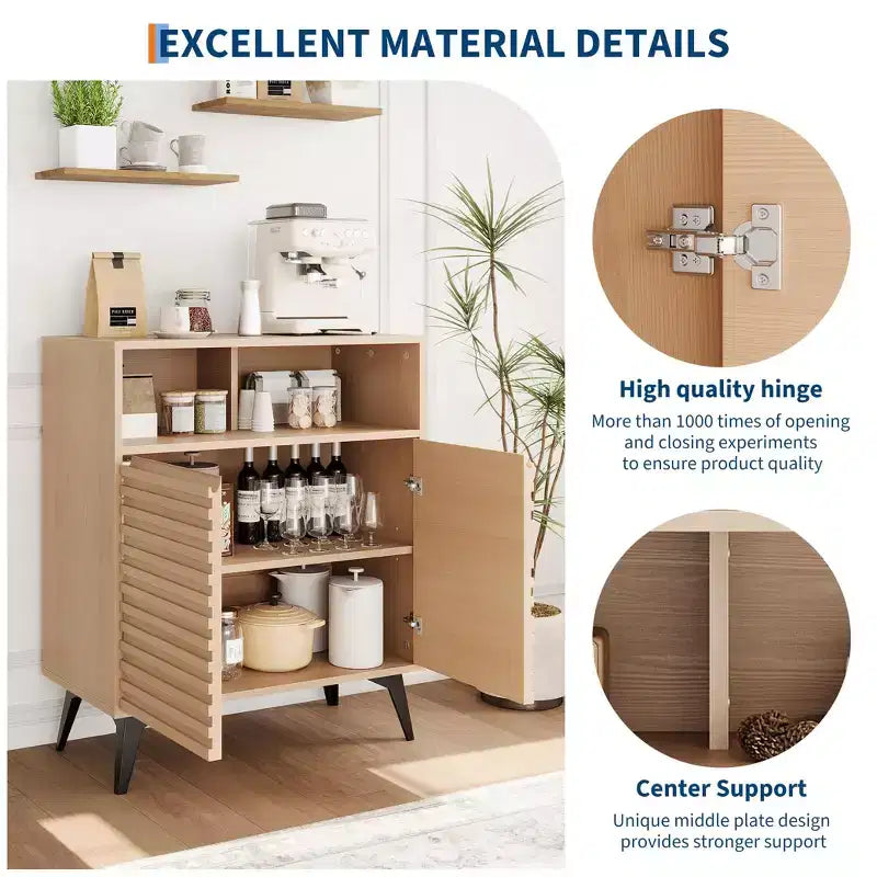 Buffet en bois cannelé de 71 cm avec étagères réglables et portes pour cuisine, salle à manger, appartements