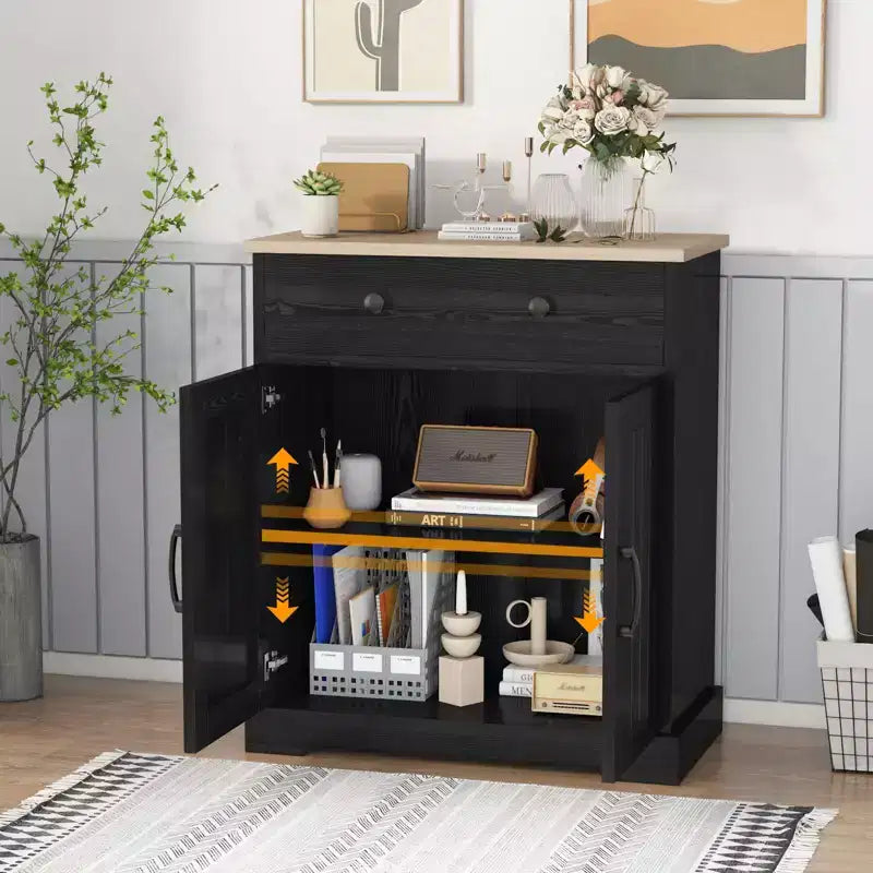 Mobile Credenza con 2 Ante e Cassetto, Mobile Cucina Moderno con Ripiano Regolabile, Tavolo Buffet in Legno per Soggiorno