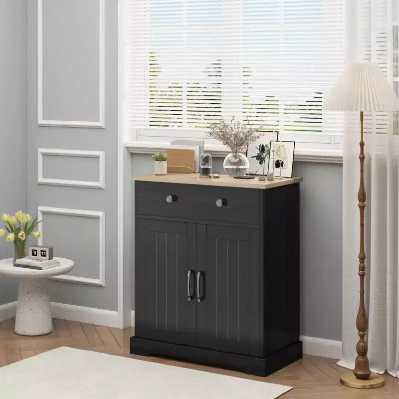 Mobile Credenza con 2 Ante e Cassetto, Mobile Cucina Moderno con Ripiano Regolabile, Tavolo Buffet in Legno per Soggiorno