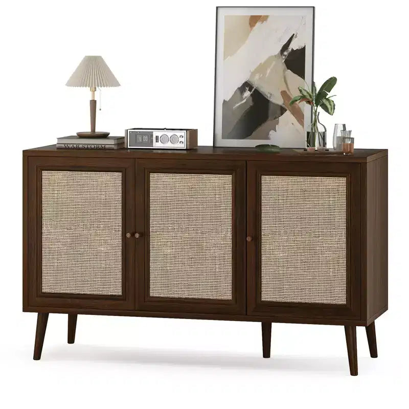 PexFix Sideboard Buffet Cabinet Kitchen Cabinet with 3 Rattan Doors and Adjustable Shelves