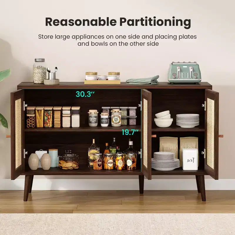 PexFix Madia Credenza Mobile da Cucina con 3 Ante in Rattan e Ripiani Regolabili