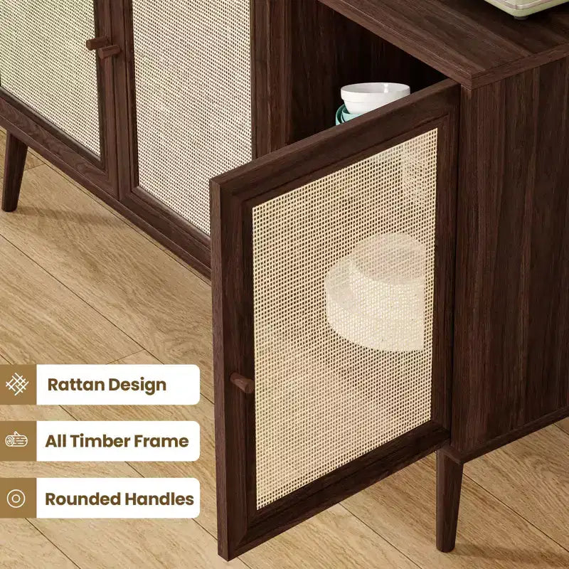 PexFix Madia Credenza Mobile da Cucina con 3 Ante in Rattan e Ripiani Regolabili