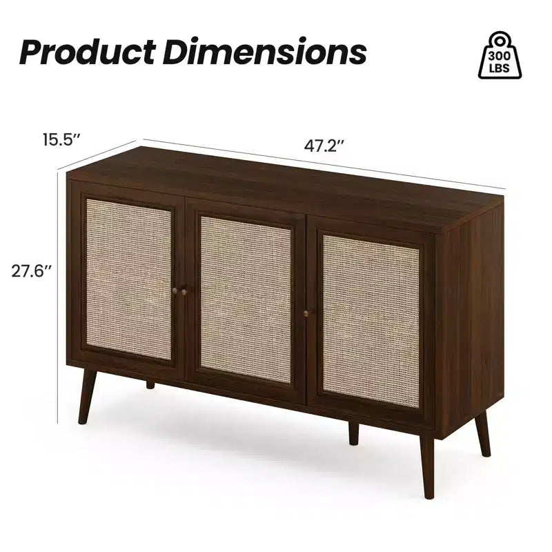 PexFix Madia Credenza Mobile da Cucina con 3 Ante in Rattan e Ripiani Regolabili