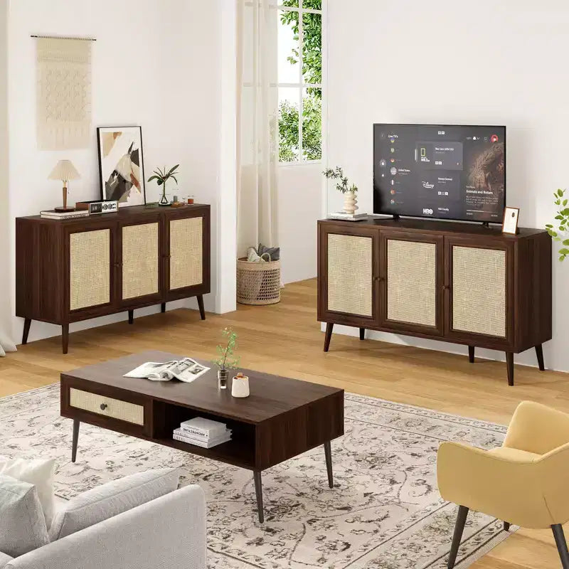 PexFix Madia Credenza Mobile da Cucina con 3 Ante in Rattan e Ripiani Regolabili