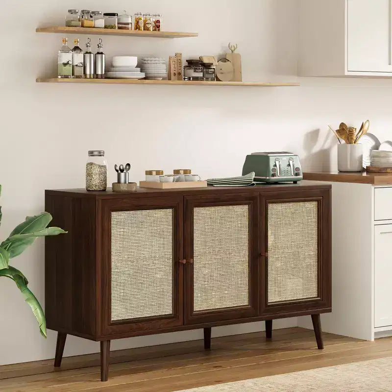 PexFix Madia Credenza Mobile da Cucina con 3 Ante in Rattan e Ripiani Regolabili
