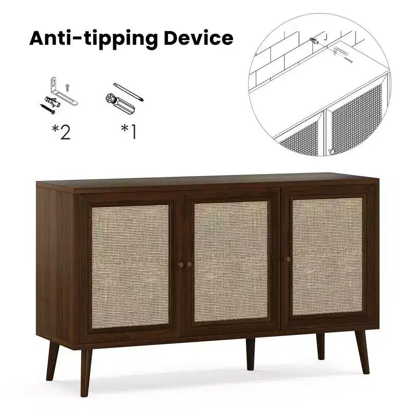 PexFix Madia Credenza Mobile da Cucina con 3 Ante in Rattan e Ripiani Regolabili