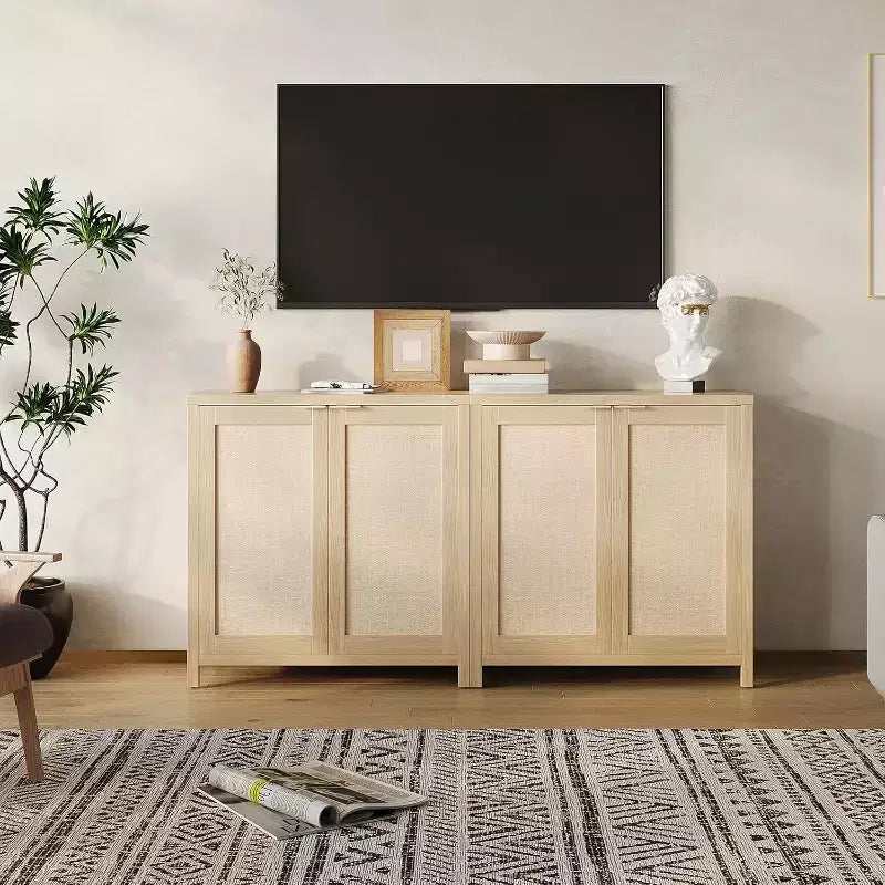 Freestanding Rattan Storage Cabinet with Doors & Adjustable Shelves, Modern Sideboard Buffet Cabinet for Living Room, Natural