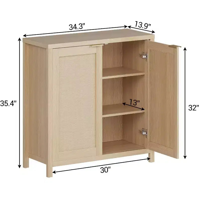 Mobile Contenitore Indipendente in Rattan con Ante e Ripiani Regolabili, Credenza Moderna per Soggiorno, Naturale
