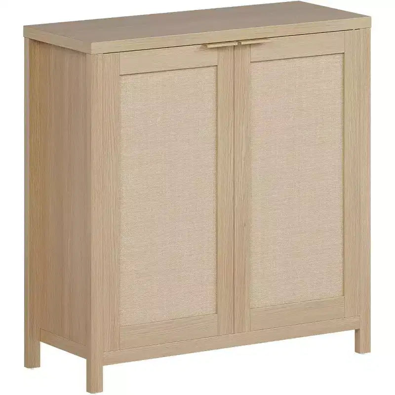 Mobile Contenitore Indipendente in Rattan con Ante e Ripiani Regolabili, Credenza Moderna per Soggiorno, Naturale