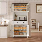 Meuble de rangement haut de 183 cm avec portes vitrées et tiroir, meuble de cuisine avec plan de travail pour four à micro-ondes et étagères réglables, marron et blanc