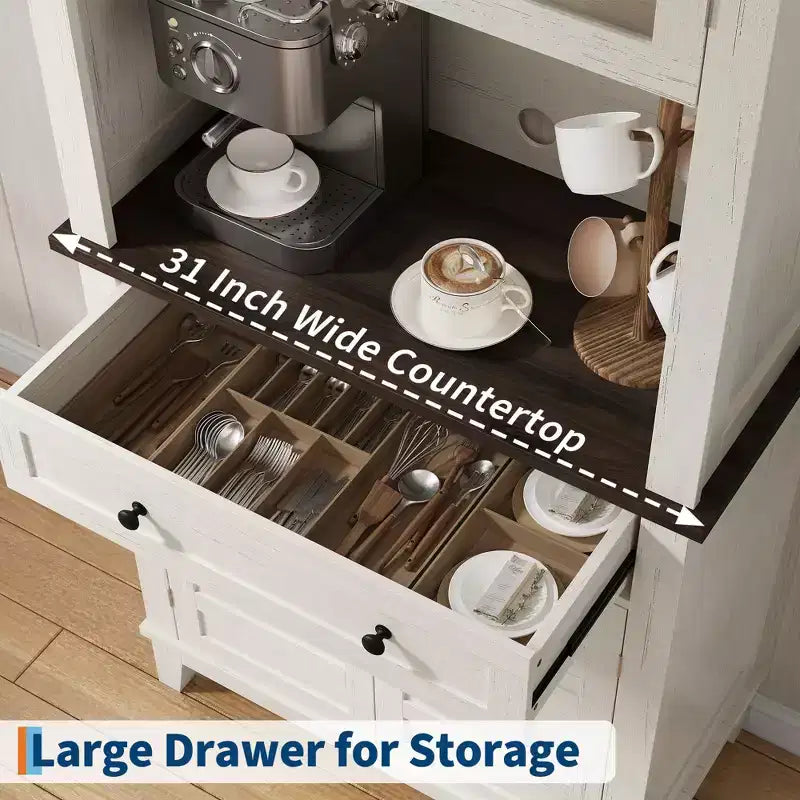 Meuble de rangement haut de 183 cm avec portes vitrées et tiroir, meuble de cuisine avec plan de travail pour four à micro-ondes et étagères réglables, marron et blanc