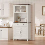 Meuble de rangement haut de 183 cm avec portes vitrées et tiroir, meuble de cuisine avec plan de travail pour four à micro-ondes et étagères réglables, marron et blanc