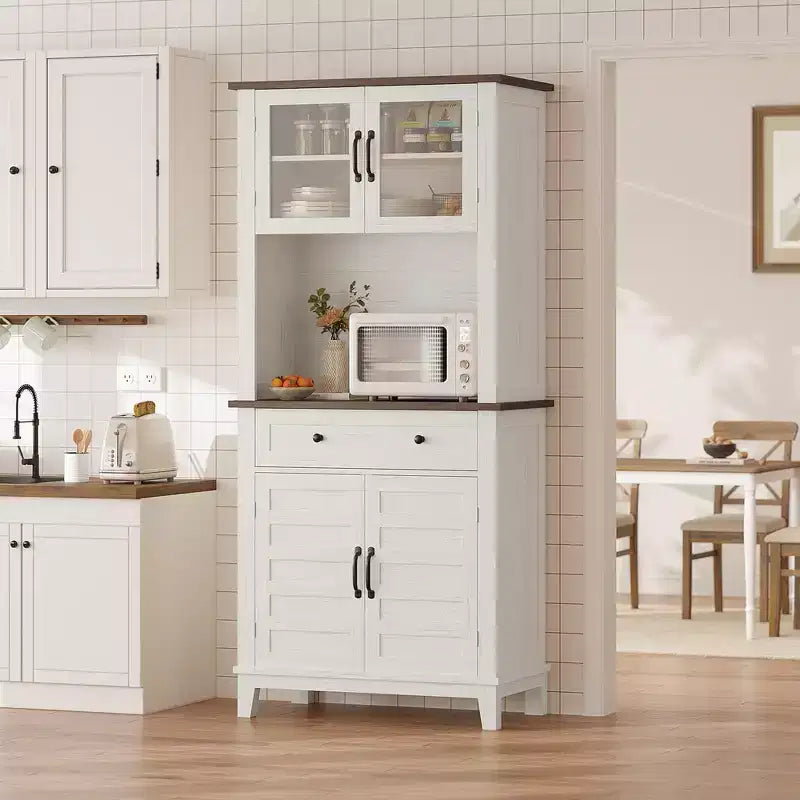 Meuble de rangement haut de 183 cm avec portes vitrées et tiroir, meuble de cuisine avec plan de travail pour four à micro-ondes et étagères réglables, marron et blanc
