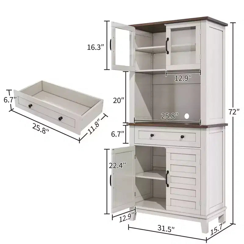 Meuble de rangement haut de 183 cm avec portes vitrées et tiroir, meuble de cuisine avec plan de travail pour four à micro-ondes et étagères réglables, marron et blanc