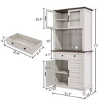 Meuble de rangement haut de 183 cm avec portes vitrées et tiroir, meuble de cuisine avec plan de travail pour four à micro-ondes et étagères réglables, marron et blanc