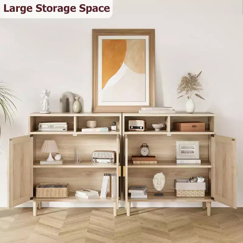 Madia moderna in rattan - Armadietto a due ante con ripiani, 91 cm di altezza, Naturale