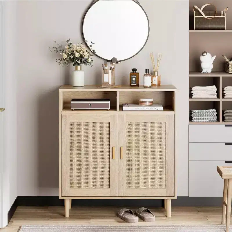 Madia moderna in rattan - Armadietto a due ante con ripiani, 91 cm di altezza, Naturale