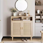 Madia moderna in rattan - Armadietto a due ante con ripiani, 91 cm di altezza, Naturale