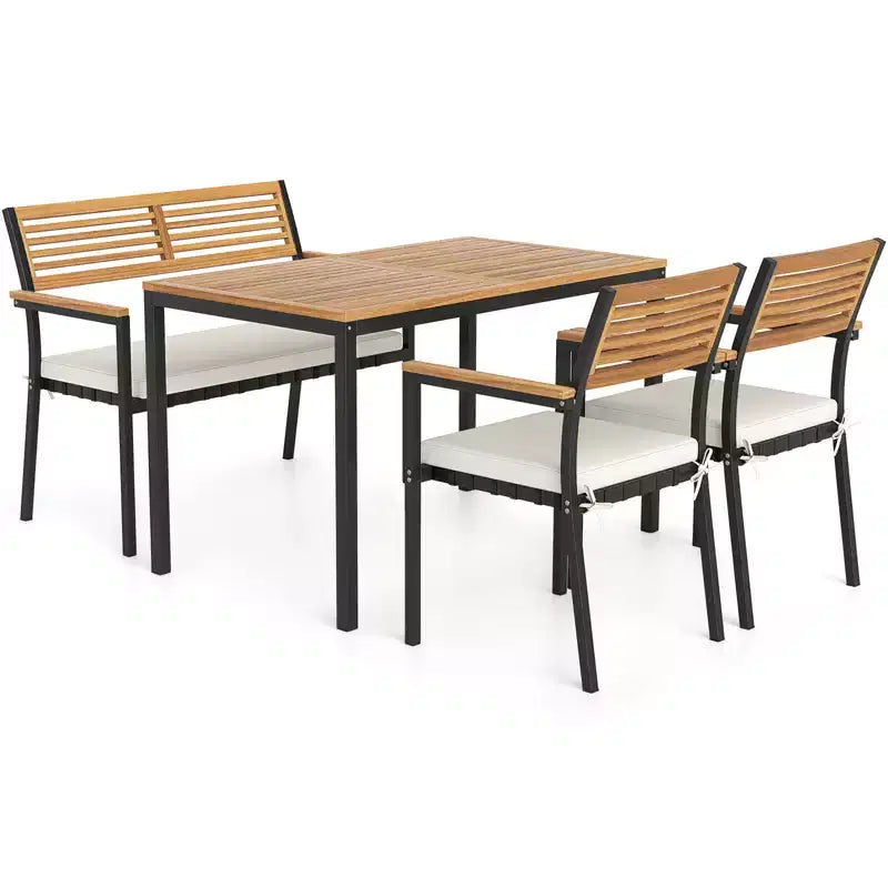 Costway Set di Mobili da Esterno 4 Pezzi con Legno di Acacia e Struttura in Metallo Ombrellone 1 tavolo