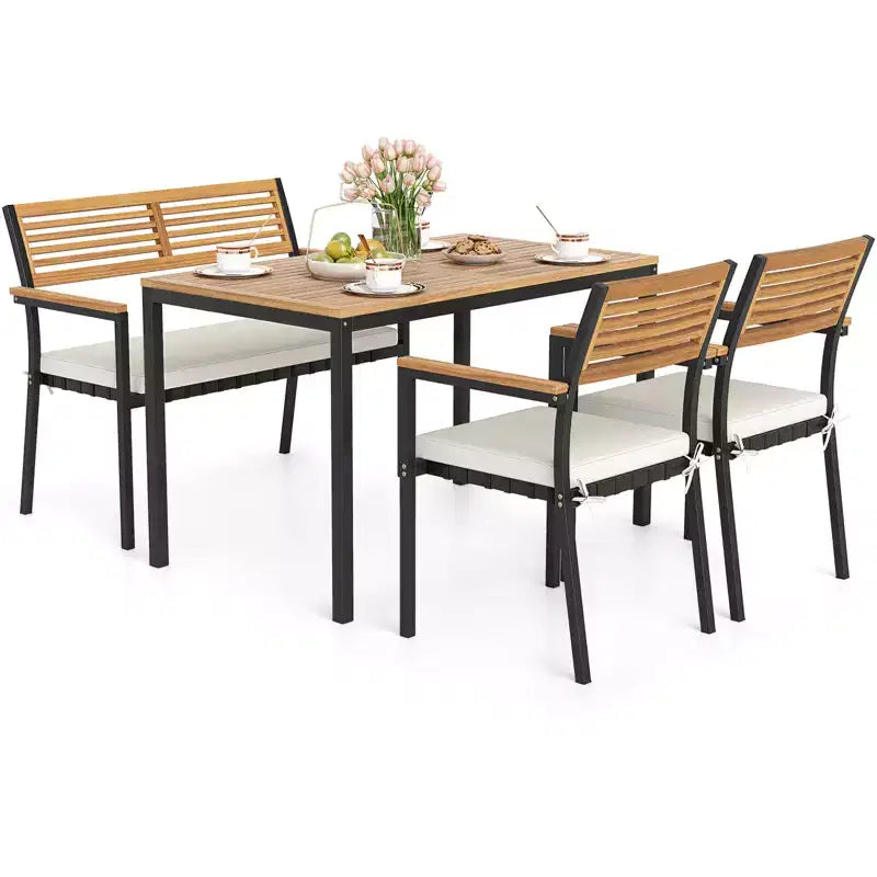 Costway Set di Mobili da Esterno 4 Pezzi con Legno di Acacia e Struttura in Metallo Ombrellone 1 tavolo