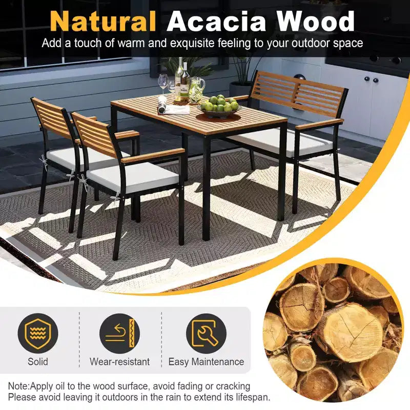 Costway Set di Mobili da Esterno 4 Pezzi con Legno di Acacia e Struttura in Metallo Ombrellone 1 tavolo