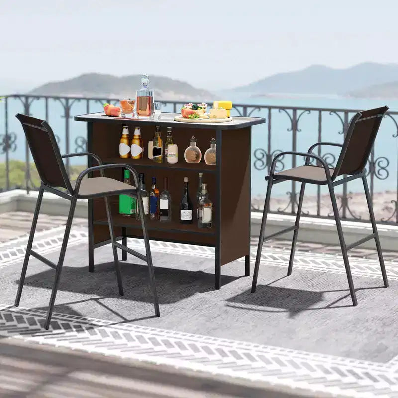 Costway Ensemble de Bar d'extérieur 3 pièces, Table Haute et Fauteuils avec Repose-Pieds et Étagère à 2 Niveaux, Marron/Noir/Gris