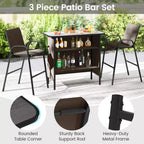 Costway Ensemble de Bar d'extérieur 3 pièces, Table Haute et Fauteuils avec Repose-Pieds et Étagère à 2 Niveaux, Marron/Noir/Gris