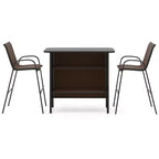 Costway Ensemble de Bar d'extérieur 3 pièces, Table Haute et Fauteuils avec Repose-Pieds et Étagère à 2 Niveaux, Marron/Noir/Gris