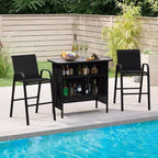 Costway Ensemble de Bar d'extérieur 3 pièces, Table Haute et Fauteuils avec Repose-Pieds et Étagère à 2 Niveaux, Marron/Noir/Gris