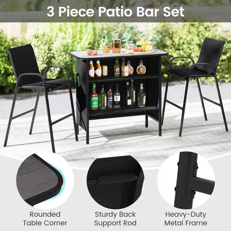 Costway Ensemble de Bar d'extérieur 3 pièces, Table Haute et Fauteuils avec Repose-Pieds et Étagère à 2 Niveaux, Marron/Noir/Gris