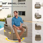 EAGLE PEAK Salon de conversation d'extérieur en osier, 4 fauteuils pivotants, causeuse 3 places, 2 poufs, table, 9 pièces
