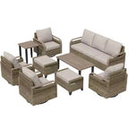 EAGLE PEAK Salon de conversation d'extérieur en osier, 4 fauteuils pivotants, causeuse 3 places, 2 poufs, table, 9 pièces