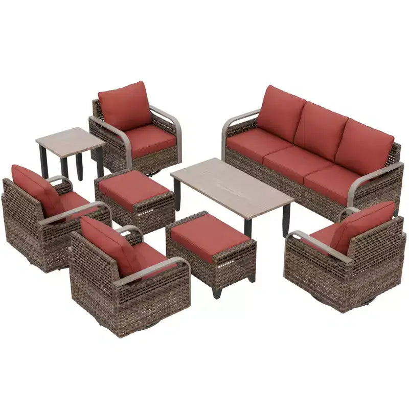 EAGLE PEAK Salon de conversation d'extérieur en osier, 4 fauteuils pivotants, causeuse 3 places, 2 poufs, table, 9 pièces