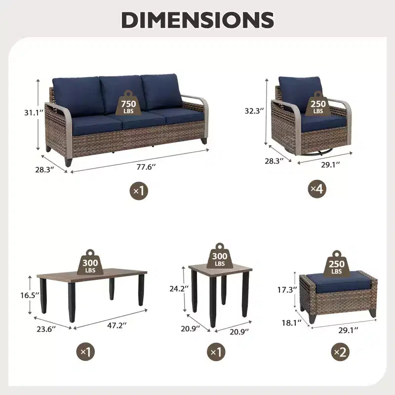EAGLE PEAK Set da conversazione da esterno in vimini, 4 poltrone girevoli a dondolo, divanetto a 3 posti, 2 pouf, tavolo, 9 pezzi