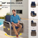 EAGLE PEAK Salon de conversation d'extérieur en osier, 4 fauteuils pivotants, causeuse 3 places, 2 poufs, table, 9 pièces