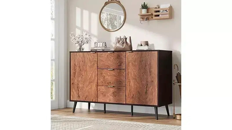 51.2 Walnut Buffet Cabinet with 3 Drawers, Large Sideboard Storage Credenza with Doors and Shelves, Metal Handles, Robot Vacuum Friendly