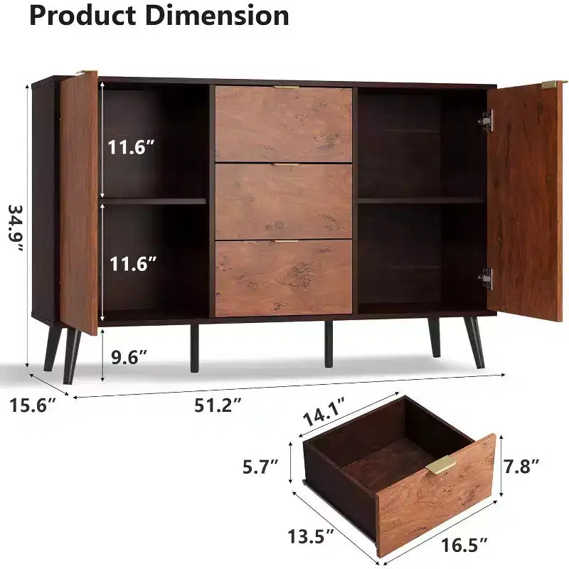 51.2 Mobile Buffet Credenza Noce con 3 Cassetti, Grande Credenza Madia con Ante e Ripiani, Maniglie in Metallo, Compatibile con Robot Aspirapolvere