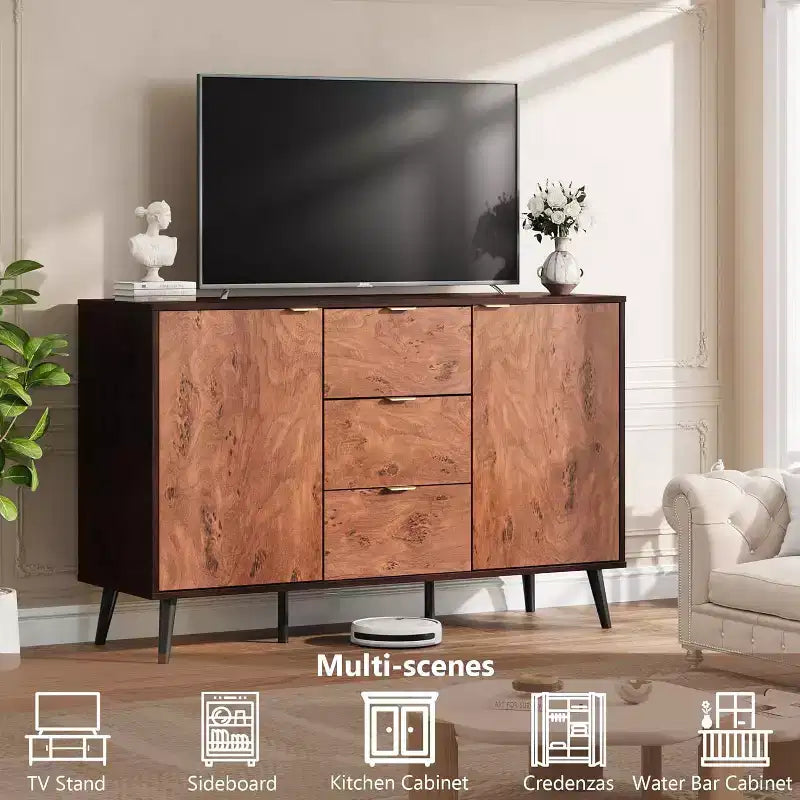 51.2 Mobile Buffet Credenza Noce con 3 Cassetti, Grande Credenza Madia con Ante e Ripiani, Maniglie in Metallo, Compatibile con Robot Aspirapolvere