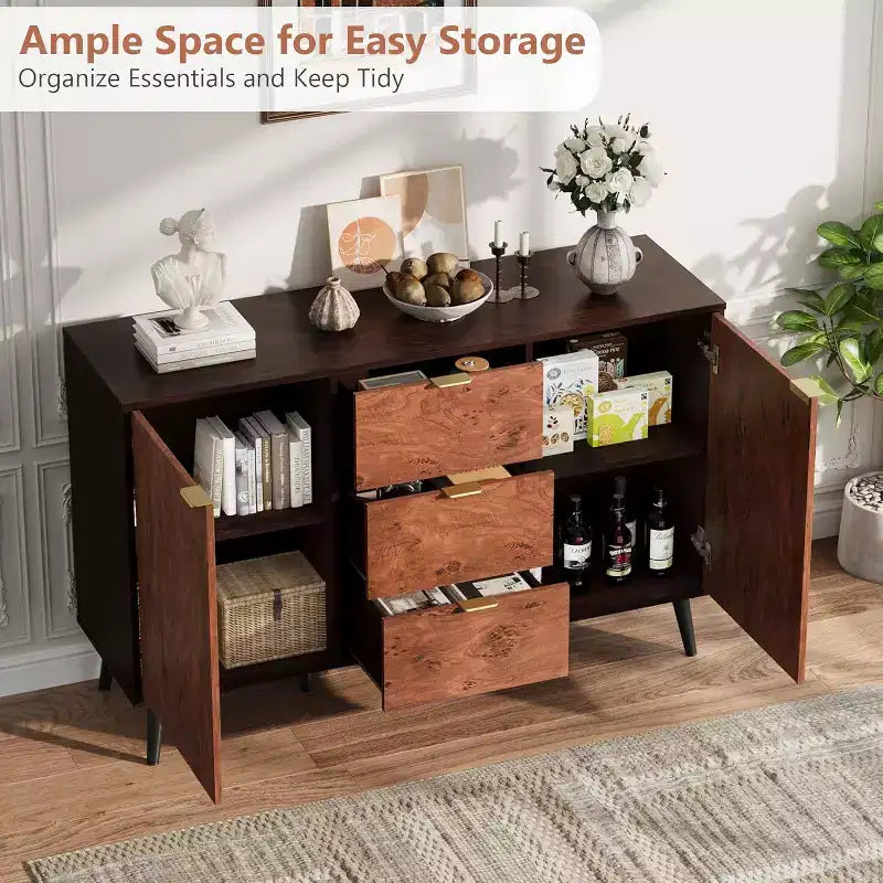51.2 Mobile Buffet Credenza Noce con 3 Cassetti, Grande Credenza Madia con Ante e Ripiani, Maniglie in Metallo, Compatibile con Robot Aspirapolvere