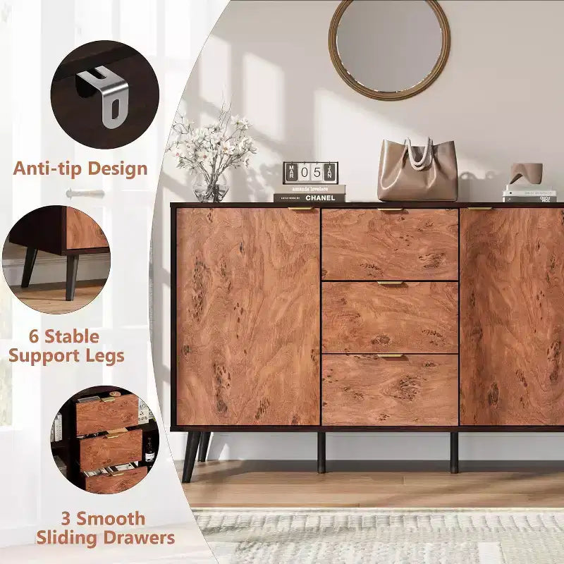 51.2 Mobile Buffet Credenza Noce con 3 Cassetti, Grande Credenza Madia con Ante e Ripiani, Maniglie in Metallo, Compatibile con Robot Aspirapolvere