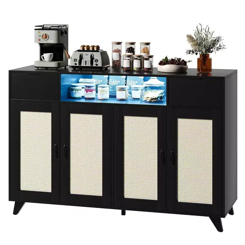 Buffet de salle à manger en rotin avec 4 portes et 2 tiroirs, Table console Bar à café avec prise de courant et étagères réglables