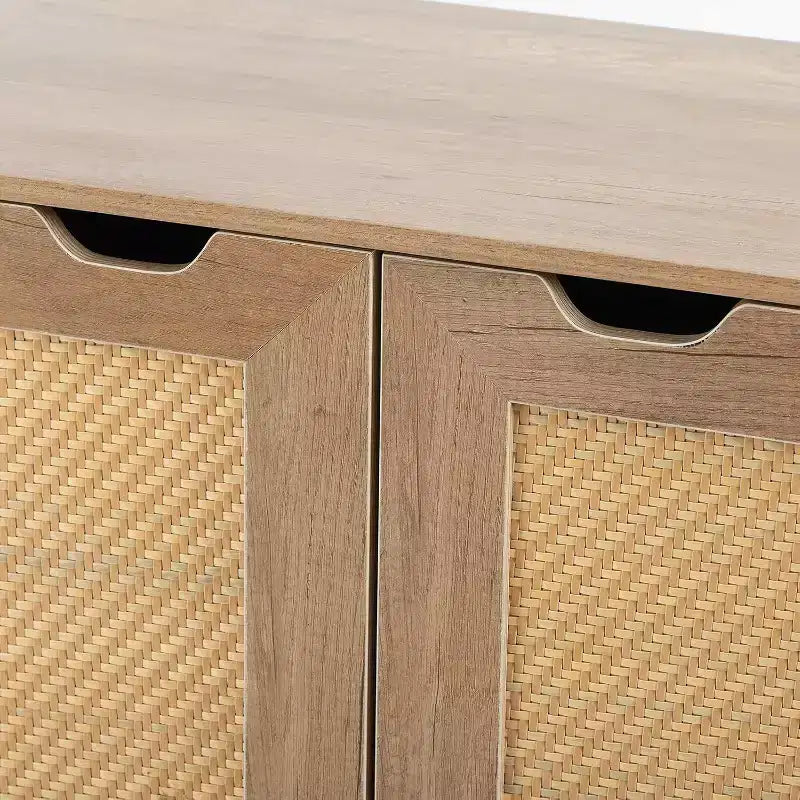 Acekool Buffet en rotin, Armoire 2 portes avec base en métal, Meuble d'appoint bohème moderne pour salon, entrée, salle de bain, Noir