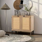 Acekool Buffet en rotin, Armoire 2 portes avec base en métal, Meuble d'appoint bohème moderne pour salon, entrée, salle de bain, Noir