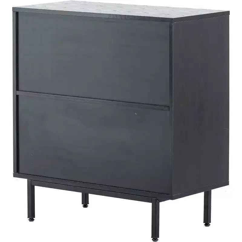Acekool Mobile Contenitore in Rattan, Madia a 2 Ante con Base in Metallo, Credenza Accent Boho Moderna per Soggiorno, Ingresso, Bagno, Nero