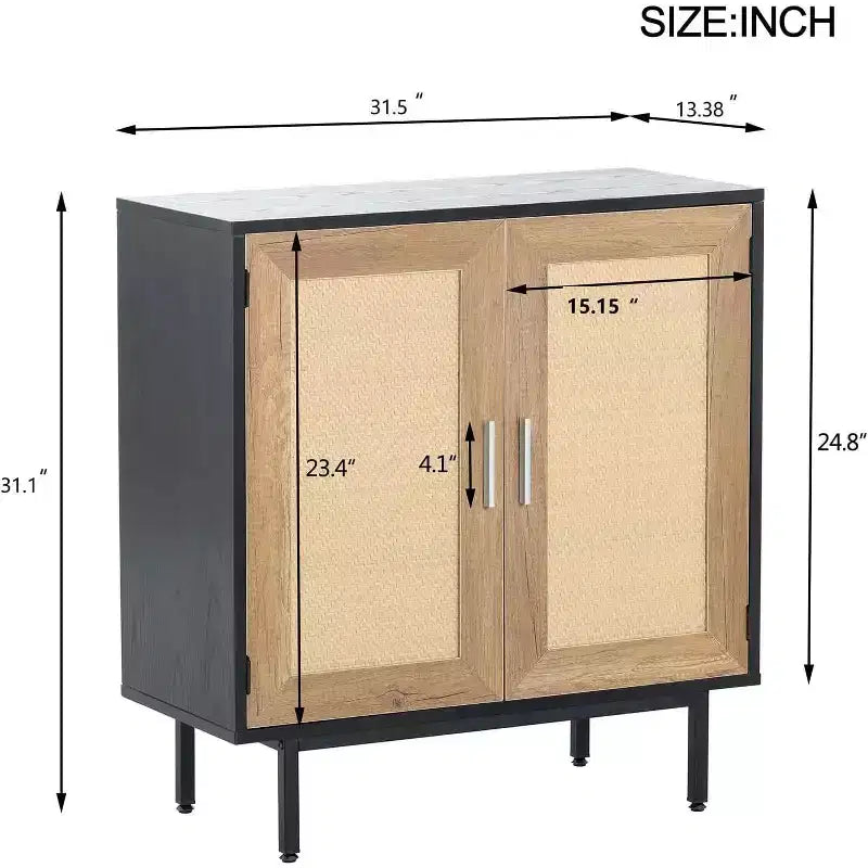 Acekool Buffet en rotin, Armoire 2 portes avec base en métal, Meuble d'appoint bohème moderne pour salon, entrée, salle de bain, Noir