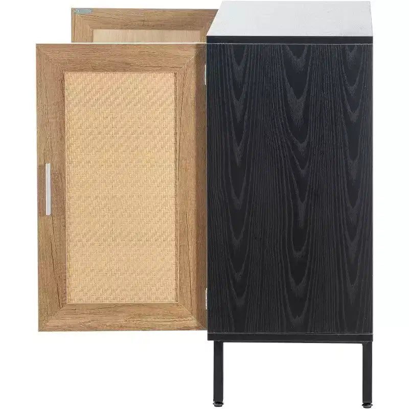 Acekool Buffet en rotin, Armoire 2 portes avec base en métal, Meuble d'appoint bohème moderne pour salon, entrée, salle de bain, Noir