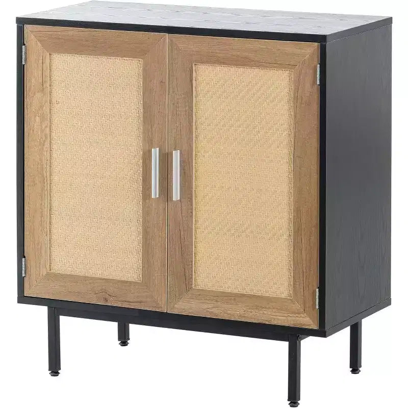 Acekool Mobile Contenitore in Rattan, Madia a 2 Ante con Base in Metallo, Credenza Accent Boho Moderna per Soggiorno, Ingresso, Bagno, Nero
