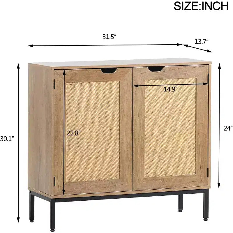 Acekool Buffet en rotin, Armoire 2 portes avec base en métal, Meuble d'appoint bohème moderne pour salon, entrée, salle de bain, Noir