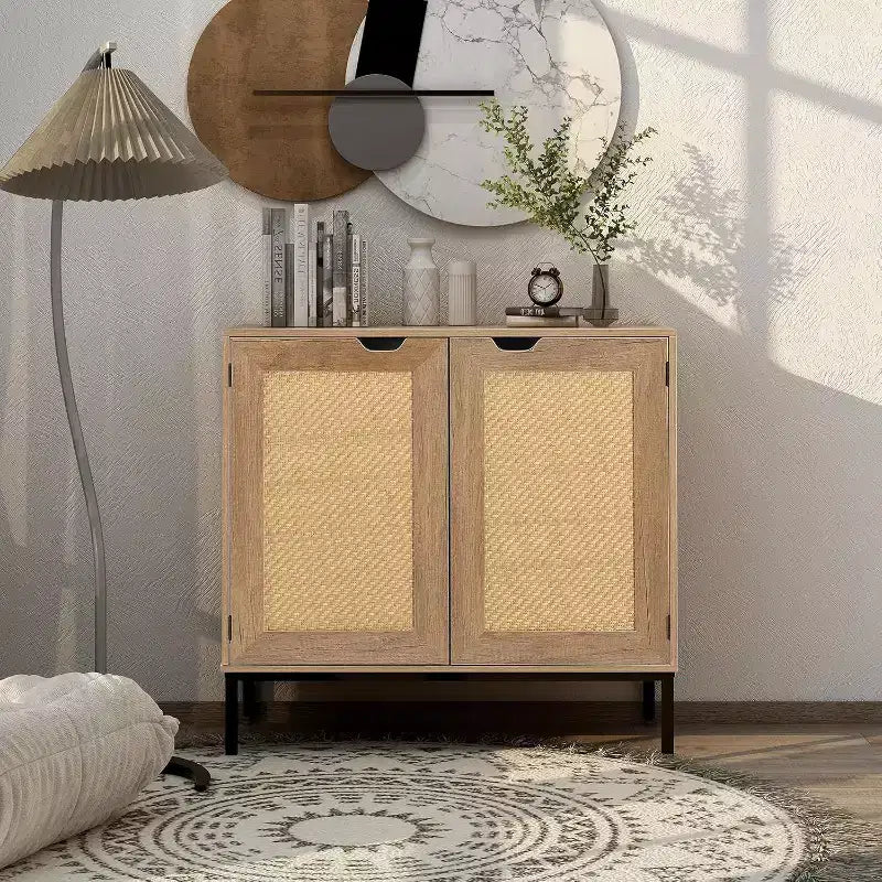 Acekool Buffet en rotin, Armoire 2 portes avec base en métal, Meuble d'appoint bohème moderne pour salon, entrée, salle de bain, Noir